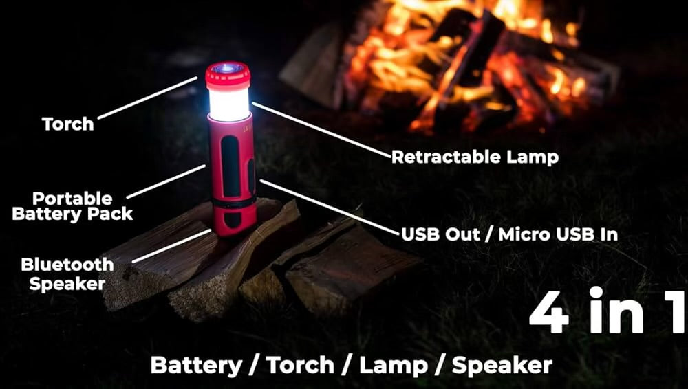 EZ-LYF Super-Portable Bluetooth Speaker Device, 4 in 1 Wireless Music Player with Camping Lantern, Torch and IPX4 Waterproof USB Power Bank with 360° Stereo Sound